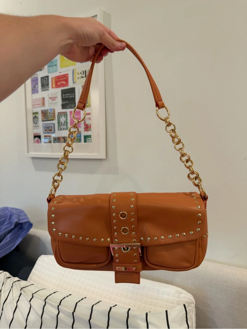 JEFFEREY CAMBELL PEACH Women’s Stud-Accent Tan Shoulder Bag with Gold Hardware